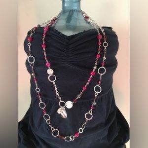 White House Black Market Silver Layered Necklace with Purple/Pink Beaded Accents